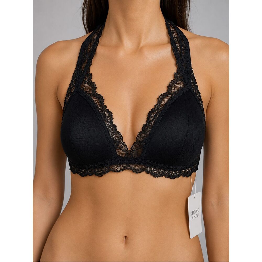NWT Studio La Perla Black Lace Molded Cup Bra Halter Criss Cross Back 34B